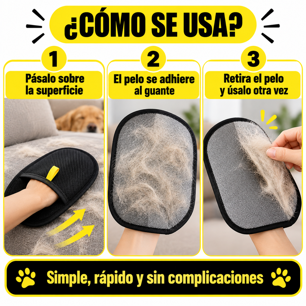 Guante quita pelos para sillón, auto y ropa