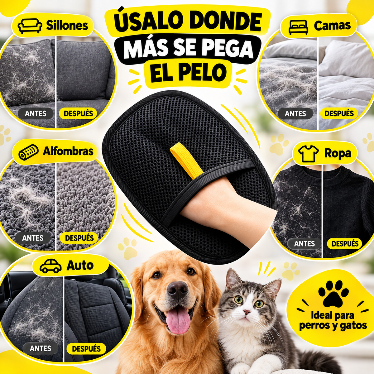 Guante quita pelos para sillón, auto y ropa