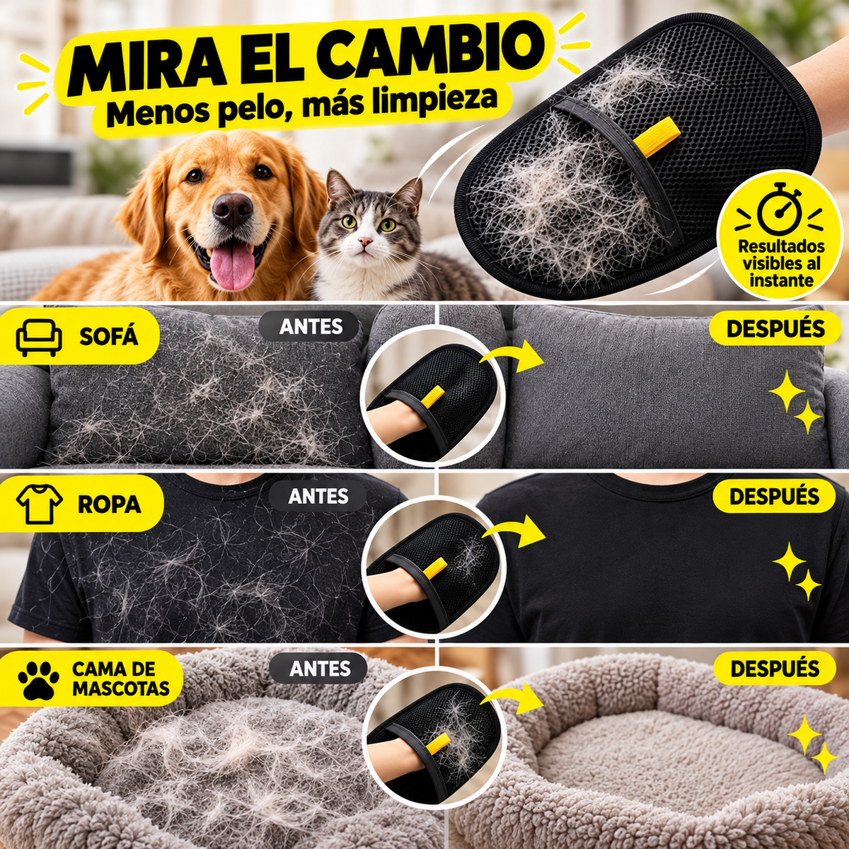 Guante quita pelos para sillón, auto y ropa